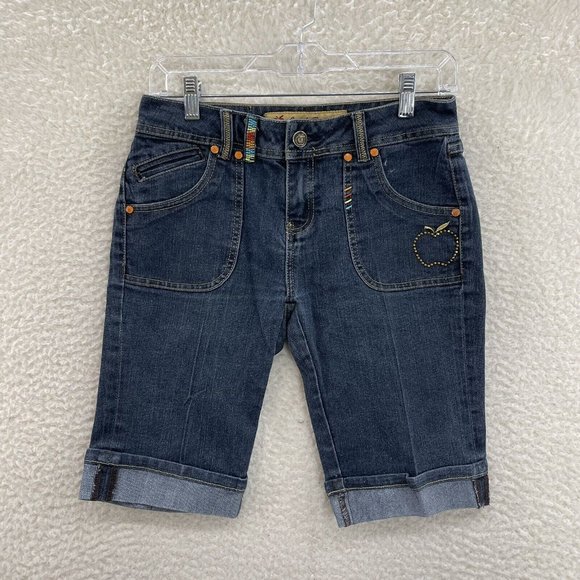 Y2K 2000 Apple Bottoms Bimbo McBling Embroidered Rhinestone Denim Bermuda 4 26 S - Picture 2 of 11